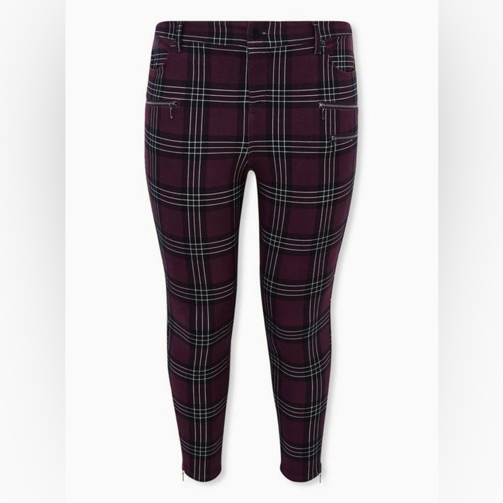 NWT Torrid Skinny Studio Luxe Ponte Mid-Rise Zipper Pant - Plaid Purple - Picture 7 of 12